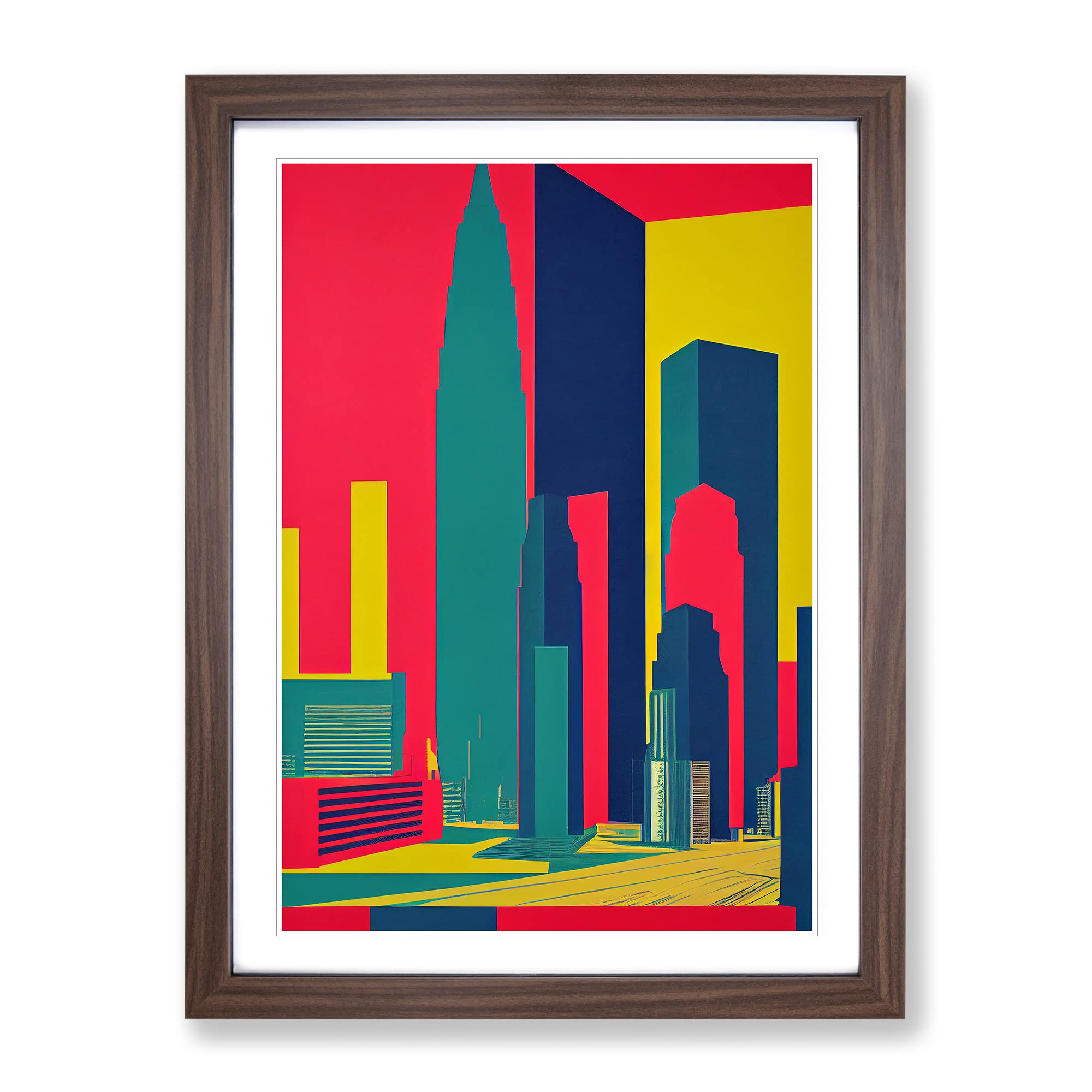 Neon Architecture Skyscraper Abstract Framed Print | A4 Walnut Framed Wall Art | Ready to Hang | Abstract Cityscape Picture | Living Room Bedroom Lounge Office