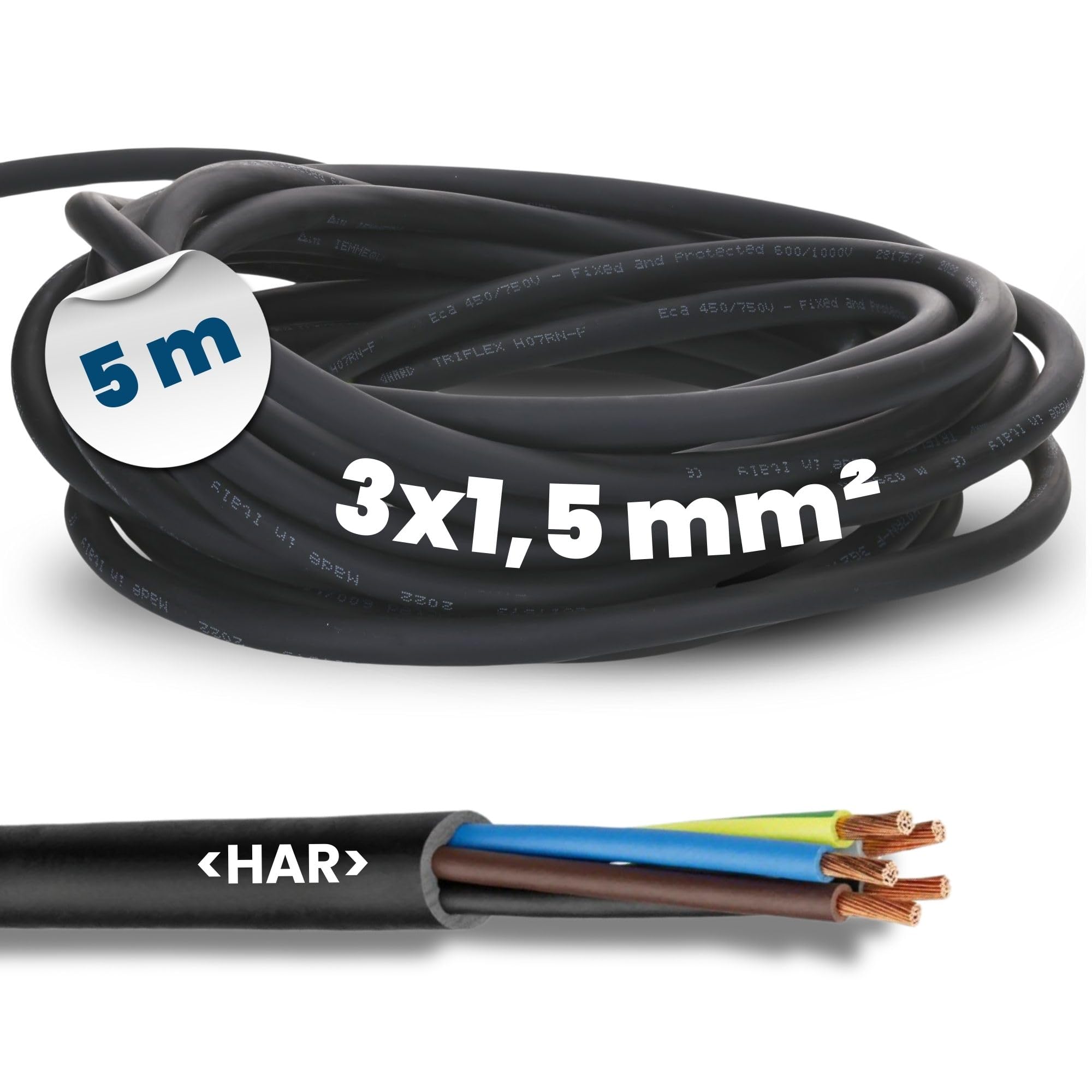 5 m Kalitec H07RN-F 3 x 1.5 mm² Rubber Cable with Protective Conductor for Outdoor Use I Electric Cable Black Construction Site Cable Flexible I UV and Oil Resistant I Connection Cable 3G1.5 Rubber