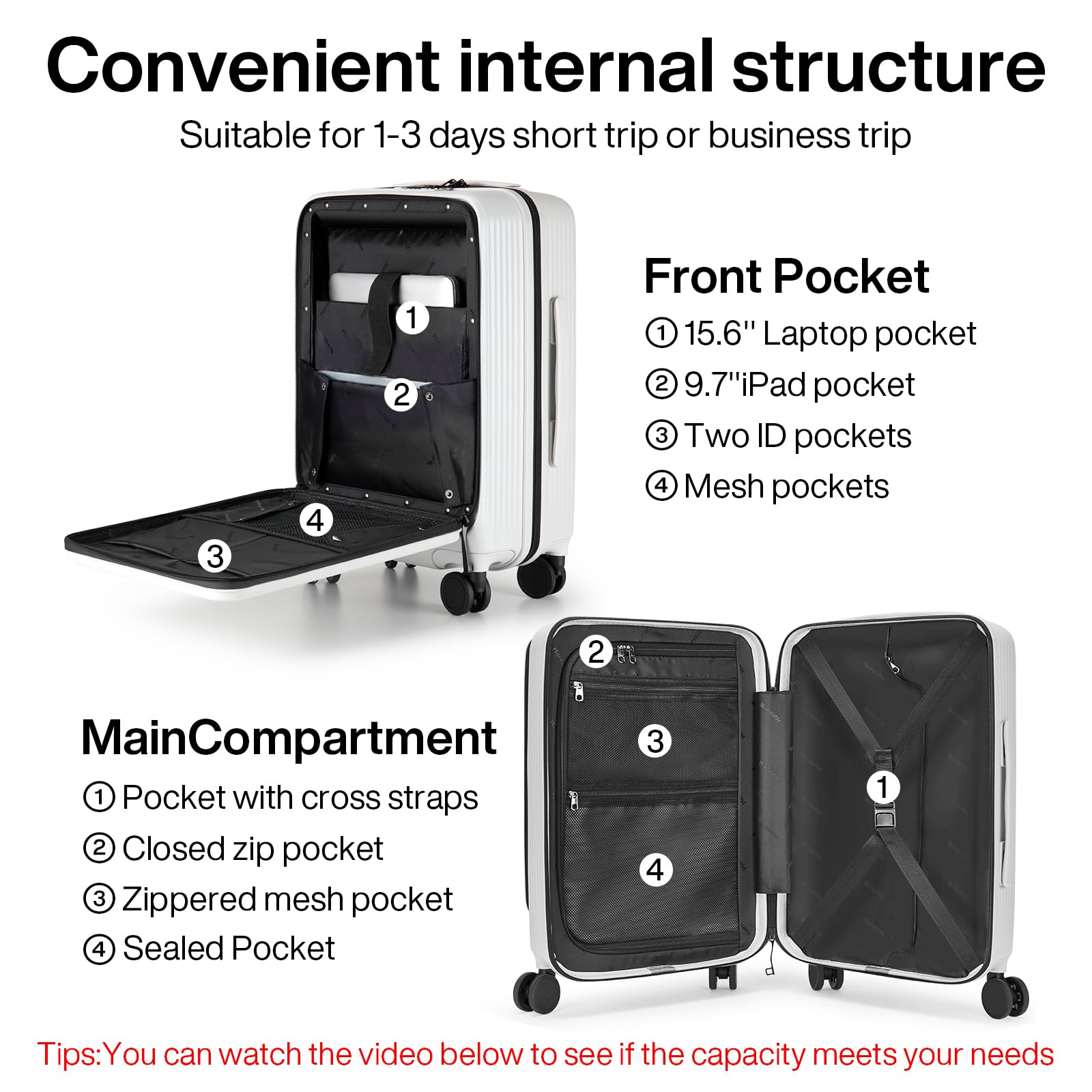 Hanke 20 Inch Carry On Luggage Airline Approved Hard Shell Suitcases with Wheels & Front Pocket Travel Luggage Lightweight Carry On Suitcase for Travel Rolling Luggage(Grayish white)