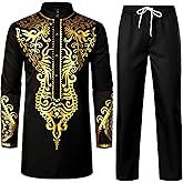 LucMatton Men's African Attire 2 Piece Set Gold Foil Print Mandarin Collar Long Sleeve Shirt and Pants Suit Dashiki Outfit