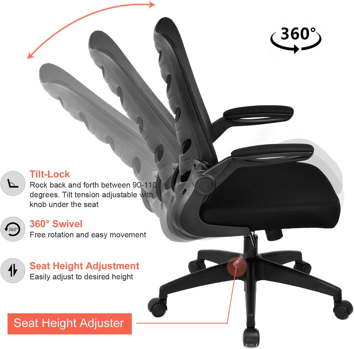 ComHoma Desk Chair Ergonomic Office Chair Mesh Computer Chair with Flip Up Arms Lumbar Support Adjustable Swivel Mid Back for Conference Home Office, Black: Furniture & Decor