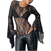 Milumia Women's Gothic Long Bell Sleeve Lace Bodysuit Sexy See Through Rave Party Leotard Tops