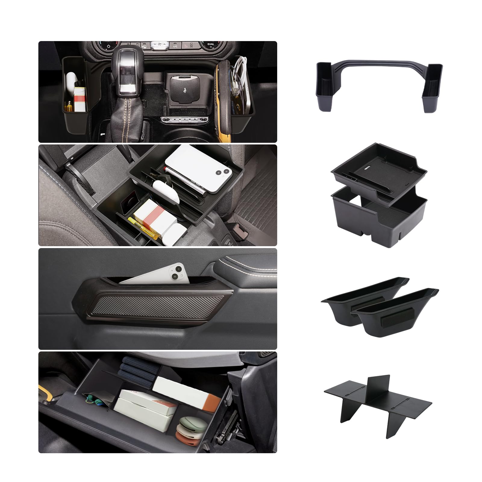 Photo 1 of 4PCS for Ford Bronco Accessories 2024 2021 2022 2023 2/4 Door Auto Car Interior Bronco Accessories Console Shifter Storage,Glove Box Dividers Organizer,Door Handle Organizer,Armrest Storage Box