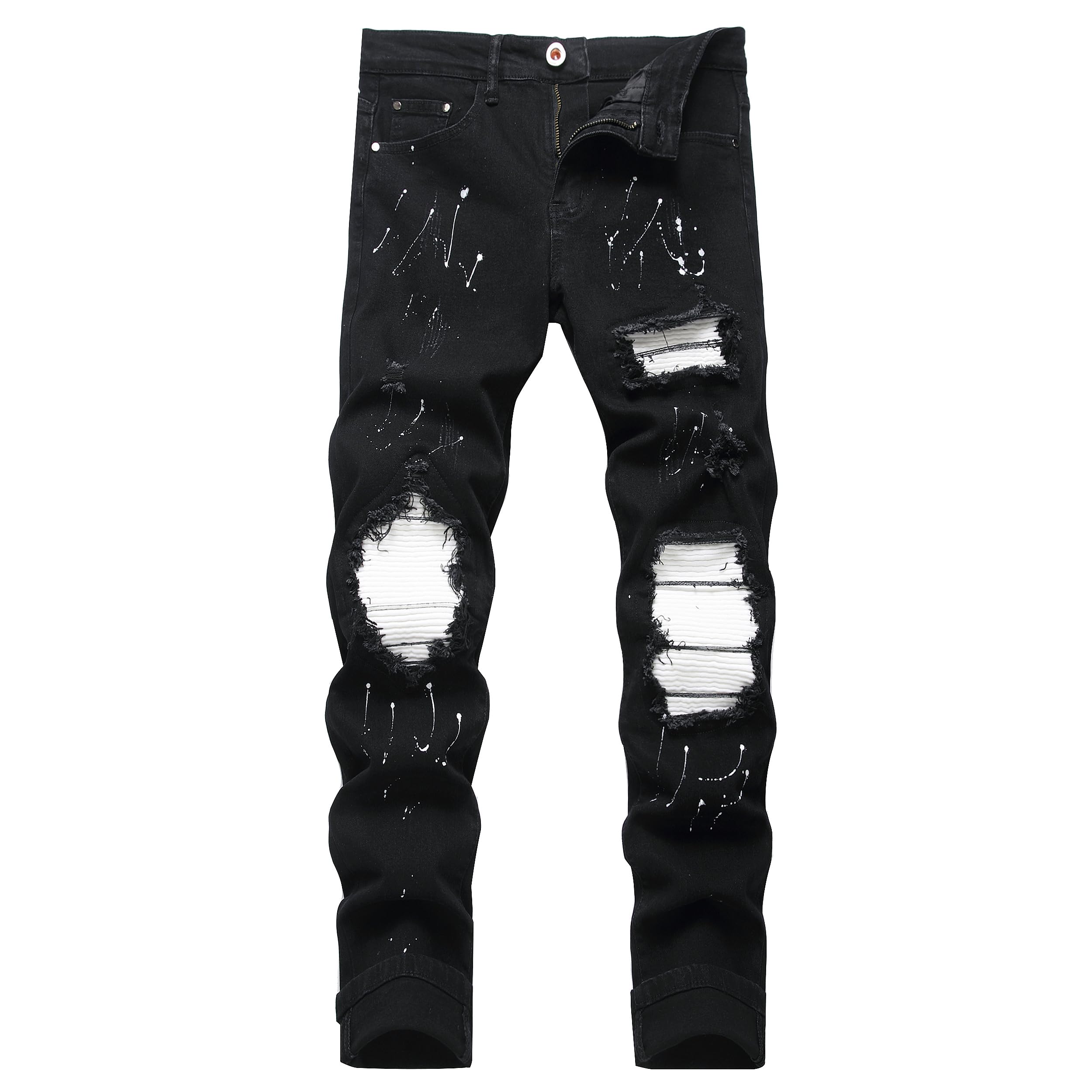 OIIIO Men's Patch Ripped Stretch Regular Fit Jean (40, 6668 Black) Image