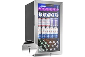 VELIETA 128 Cans Beverage Refrigerator Cooler, 3.2 Cu.Ft Mini Drink Fridge Glass Door for Drink Beer Soda Wine, Beer Fridge with 4 Removable Shelves for Kitchen Bedroom, Office Bar Gaming Room,Stainless Steel
