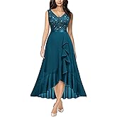 Miusol Women's Vintage V-Neck Sleeveless Sequined Floral Lace Ruffle Split Evening Party Dress
