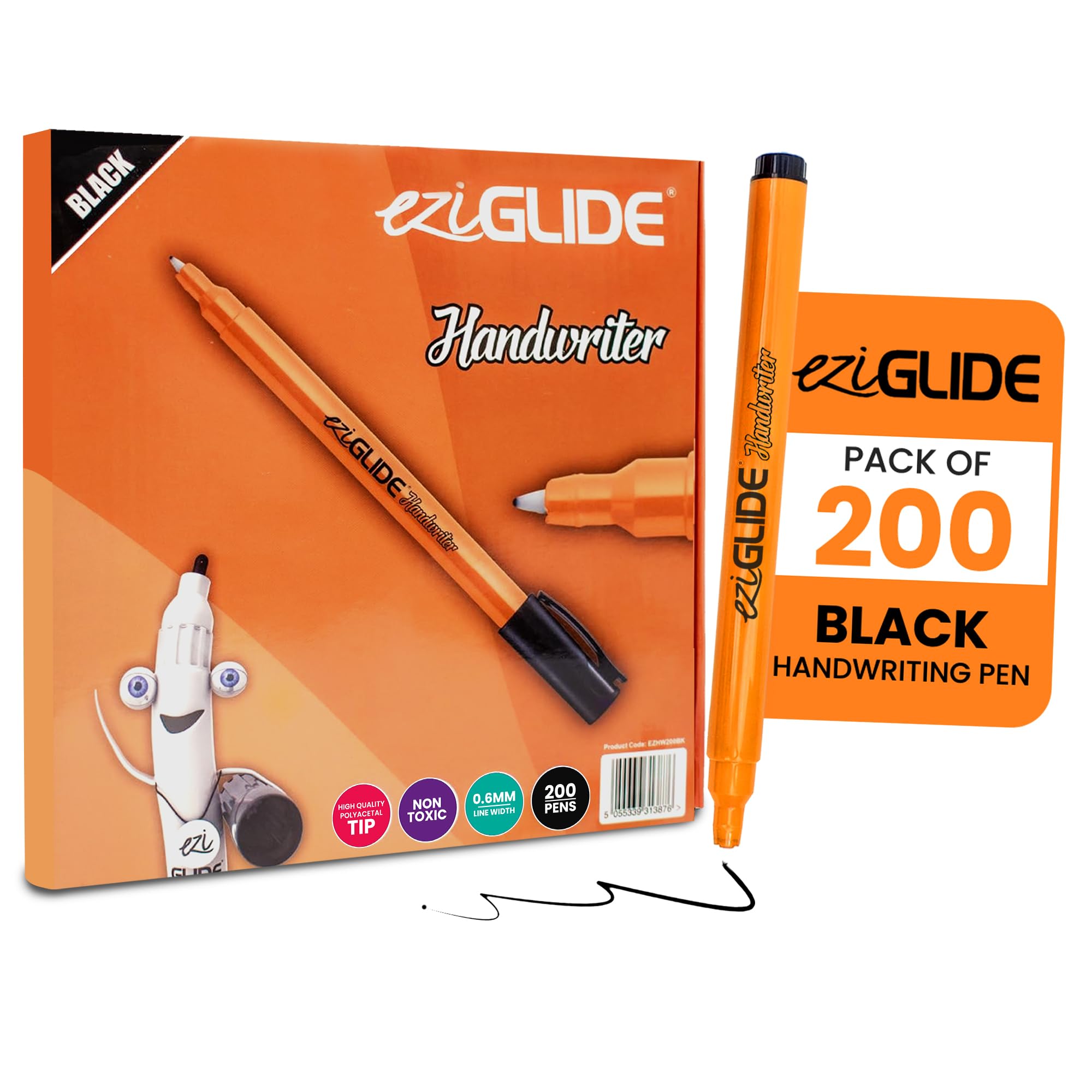 Eziglide Handwriting Pens, Pack of 200 Black Handwriting Pens for School and Home Learning, Durable Tip for Smooth, Effortless Ink Flow, Suitable for Both Right- and Left-Handed Children
