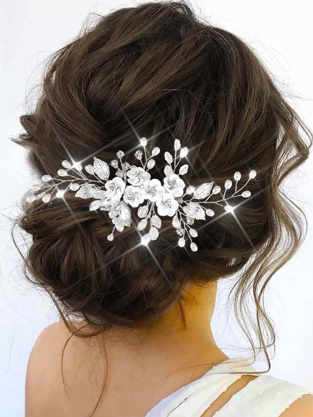 Edary Silver Flower Bride Wedding Hair Comb Pearl Bridal Side Comb Crystal Hair Piece Leaf Hair Accessories for Women and Girls