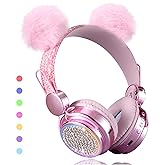 KORABA Wireless Girls Headphones Bluetooth, LED Light up Color Changing Kids Headphones with MIC, 10 Hours Anime Cute Headsets for School,Parties (Pink)