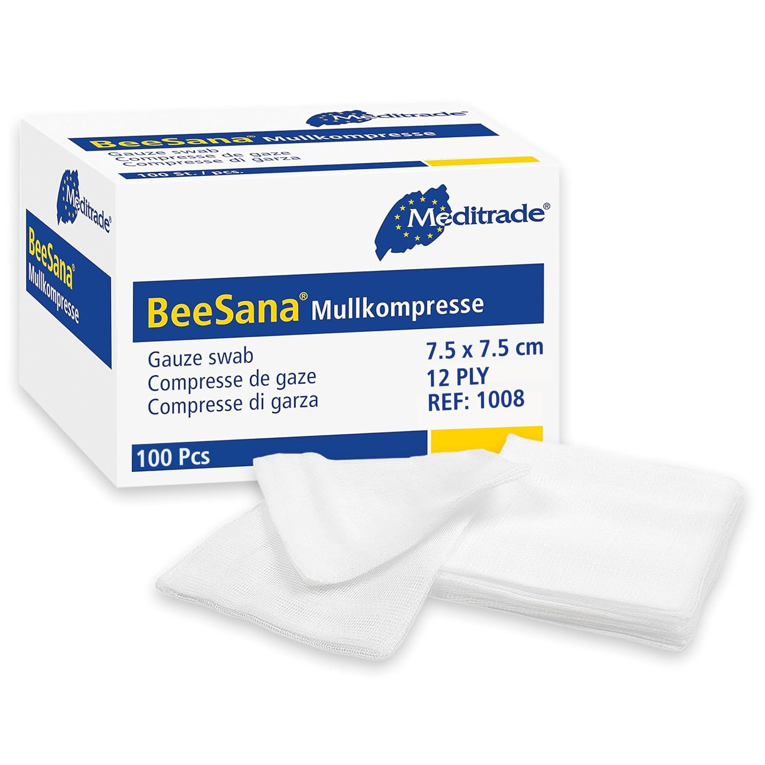 Meditrade 1008 Gauze Swabs with Selvedge Cutting Edges, Non-Sterile Cotton, Pack of 100 (12ply) (7.5cmx7.5cm), White
