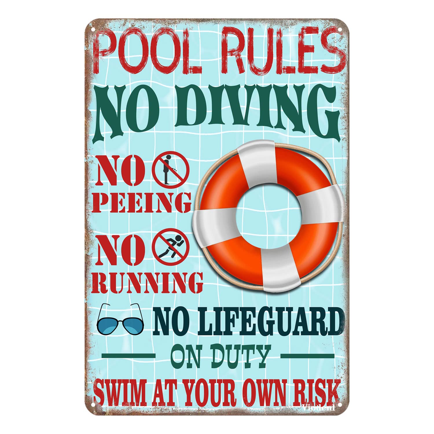 JIMOWANG Metal Sign Pool Rules Swim at Your Own Risk Wall Art Funny Swimming Pool Signs Decor Outdoor 12 x 8 Inches
