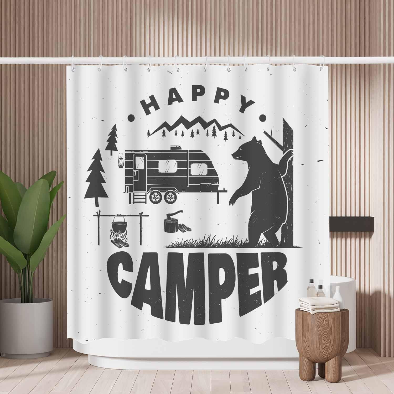 Woutay Shower Curtain Water Repellant Fabric Camper Bear,Mould Proof Resistant,Polyester,with 12 Plastic Hooks