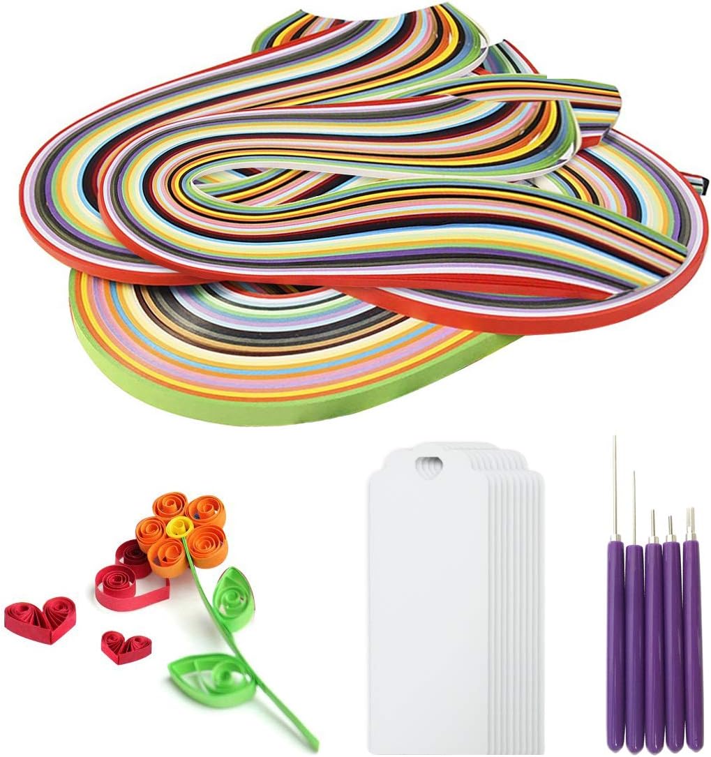 SwirlColor Paper Quilling Tools Set, Quilling Slotted 5Pcs, 3/5/7/10mm Paper Quilling 1040Pcs, Bookmarks 10Pcs for DIY Design Drawing Handcraft