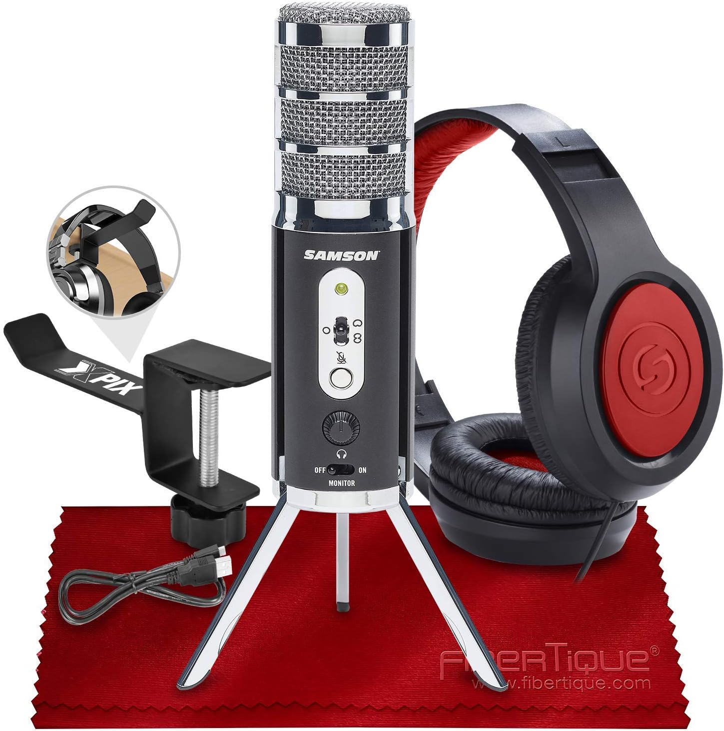 Samson Satellite USB/iOS Broadcast Microphone for Recording, Podcasting, and Streaming (SASAT) + SR360 Over-Ear Dynamic Headphones, Xpix Headphone Hanger & Fibertique Microfiber Cloth