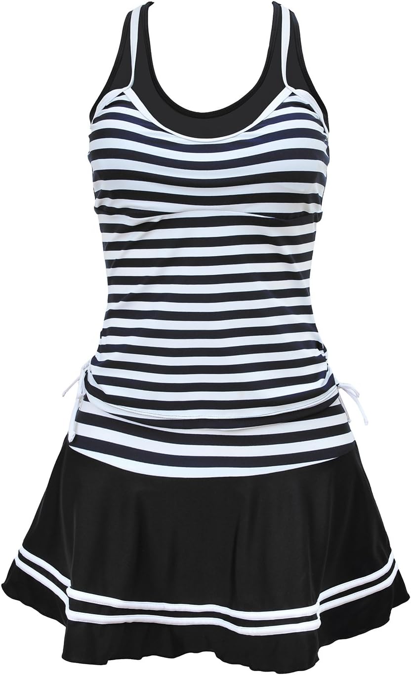Lemu Women's Tankini Striped Vintage Swim Dress Large(US Size 12-14) Black and White