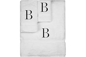 BC BARE COTTON Monogrammed Towel Set, Personalized Gift, Set of 3- Black Block Letter Embroidered Towel - Extra Absorbent 100% Turkish Cotton - Soft Terry Finish - Initial B White