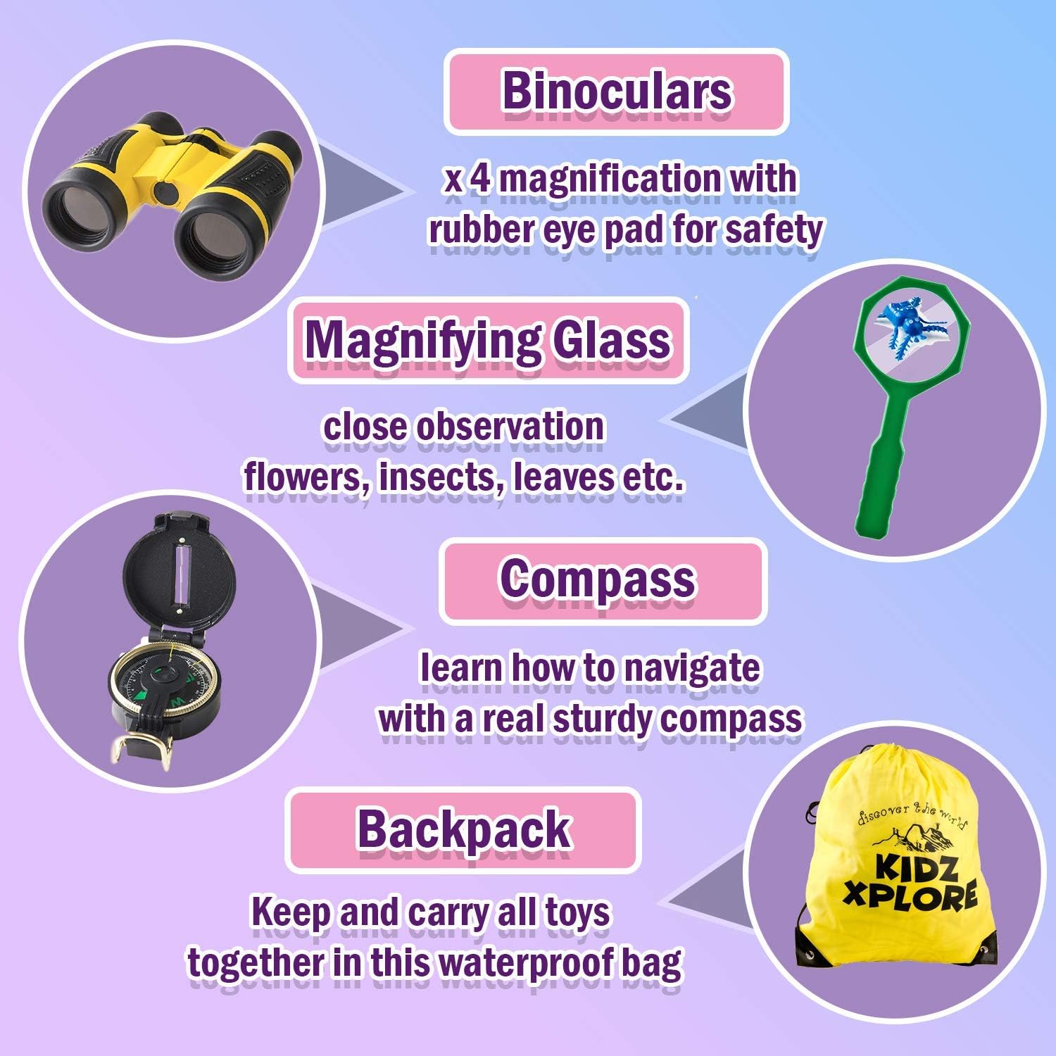 Kidz Xplore Outdoor Explorer Set - Bug Catching Kit Nature Exploration Children Outdoor Games Mini Binoculars Kids, Compass, Whistle, Magnifying Glass, Adventure, Hunting, Hiking Educational Toy: Toys & Games