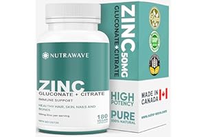 Nutrawave 2-IN-1 Zinc Supplements, High Absorption Formula 50 mg Zinc Gluconate + Zinc Citrate Chelated Stomach-Friendly Immu