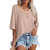 SHEWIN Women's Casual V Neck Waffle Knit Tunic Tops Batwing Short Sleeve Shirts Loose Blouses