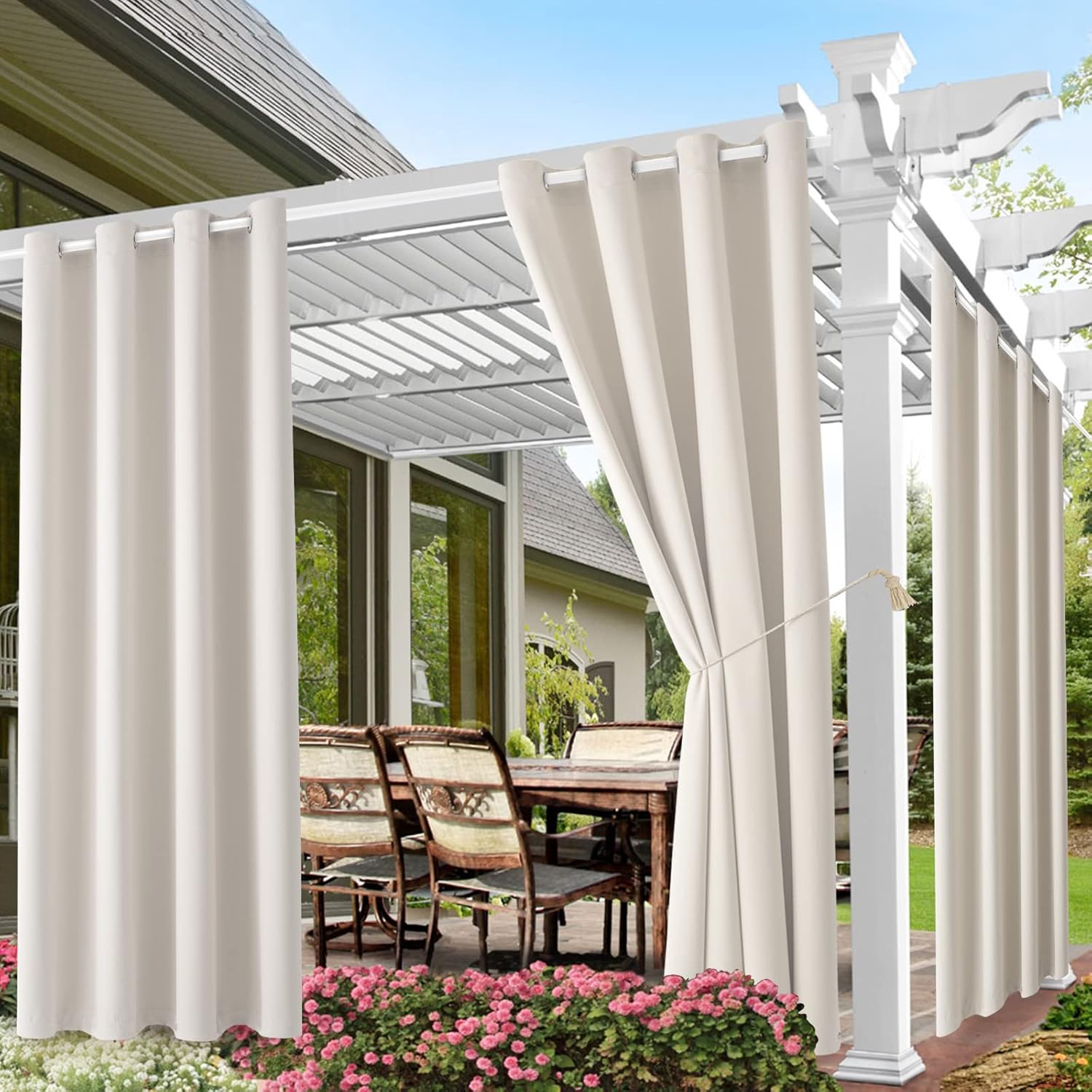 Outdoor Curtains - Water Proof Outside Curtains with Grommet Top for Porch, W52 x L120 Thermal Insulated Washable Light Block Outdoor Divider Drapes for Patio Gazebo Deck Pool Area Pergola Cabana (2 Panels)