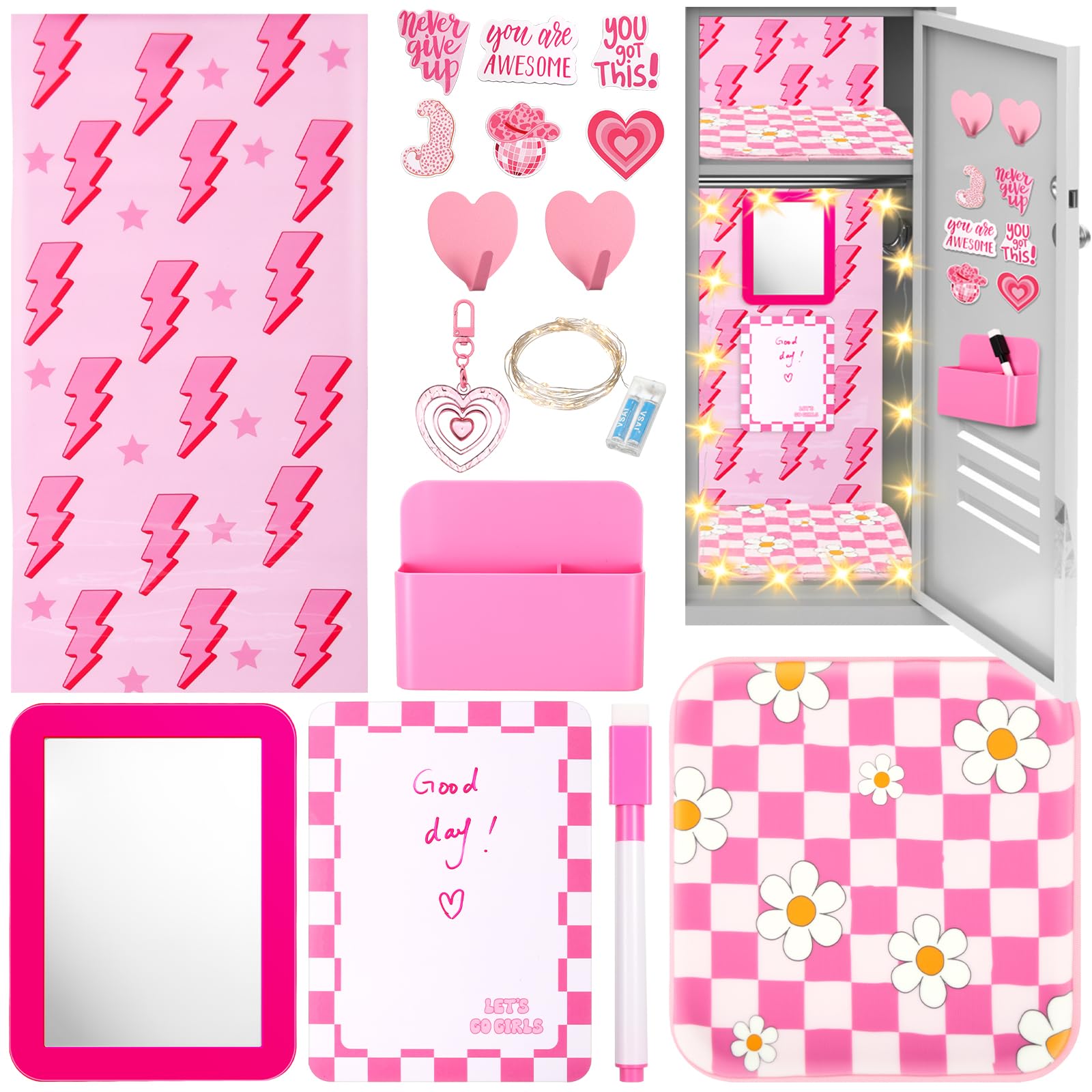 Photo 1 of AmazingSpark 12 Pcs Locker Accessories Kit Magnetic Mirror Pen Holder Hook Whiteboard Wallpaper Magnet Rug Keychain String Light for Back to School Essentials Locker Decoration(Pink,Inspirational)