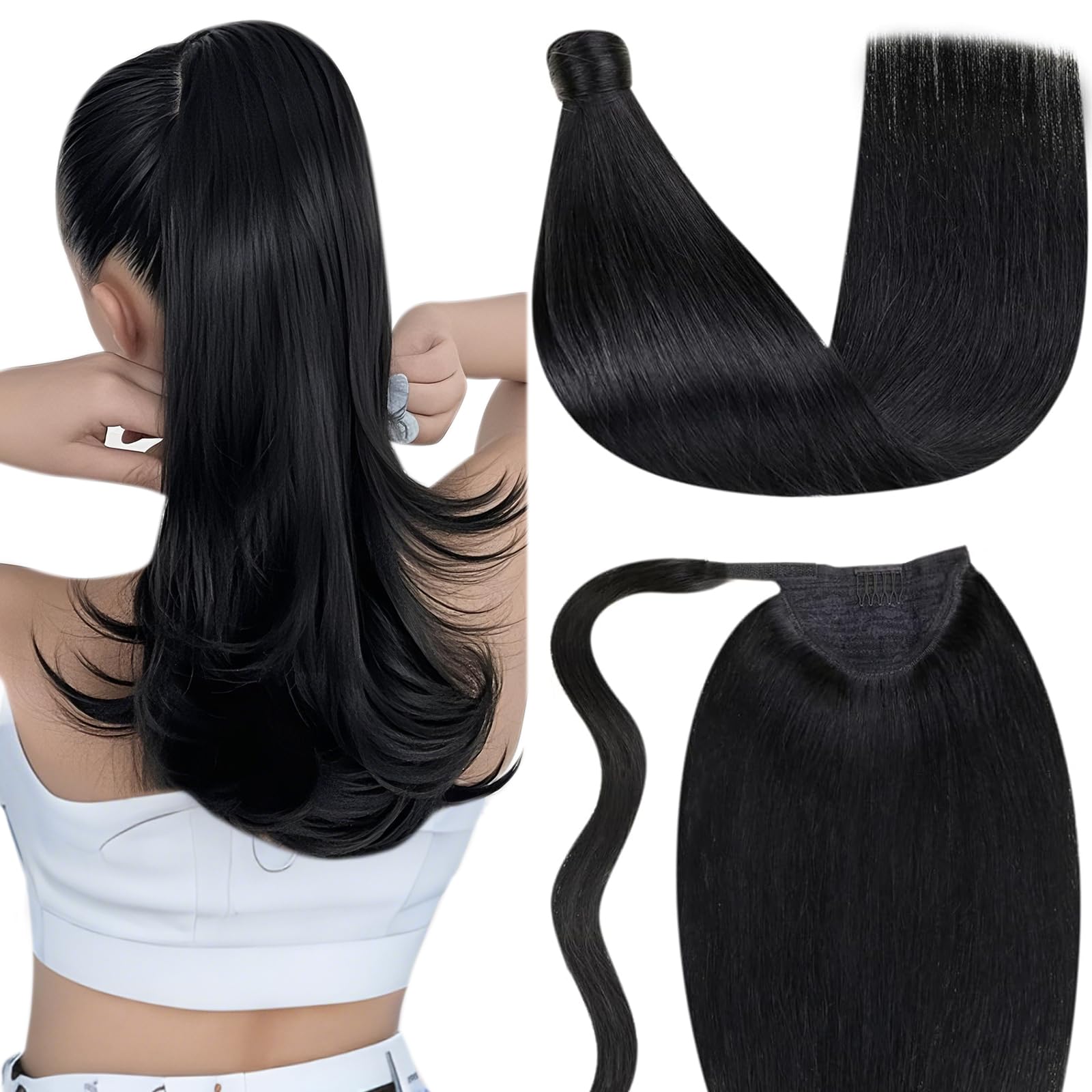 LaaVoo Pony Tail Extensions Real Human Hair 14 Inch 70g Natural Black Remy Straight Ponytail hair Extensions #1 โ image 1