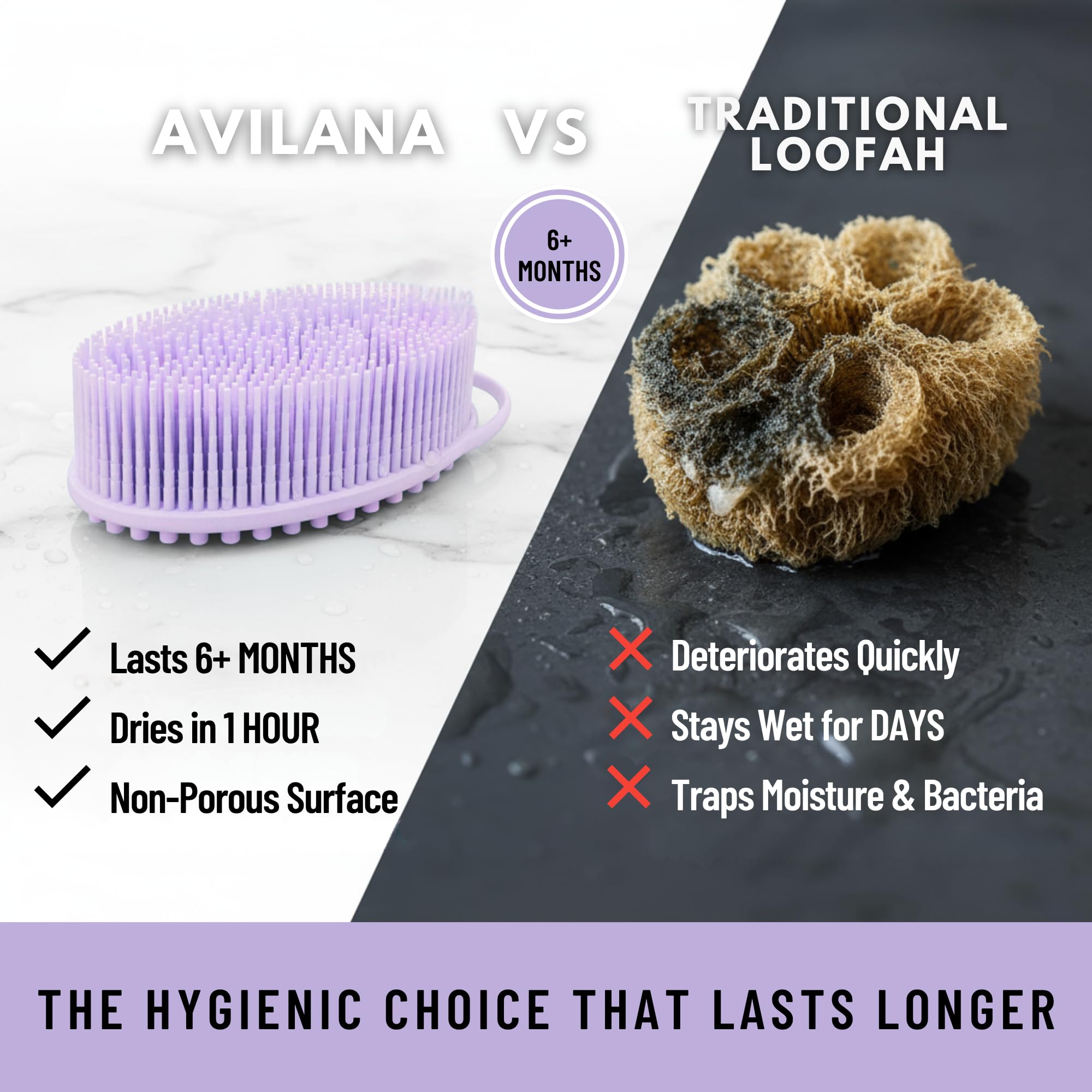 Silicone Body Scrubber for Shower - Gentle Exfoliating Back Scrubber with Soft Bristles - Avilana Premium Dual Sided Bath Brush Massage - Loofah Alternative for Sensitive Skin - Gift Women Men