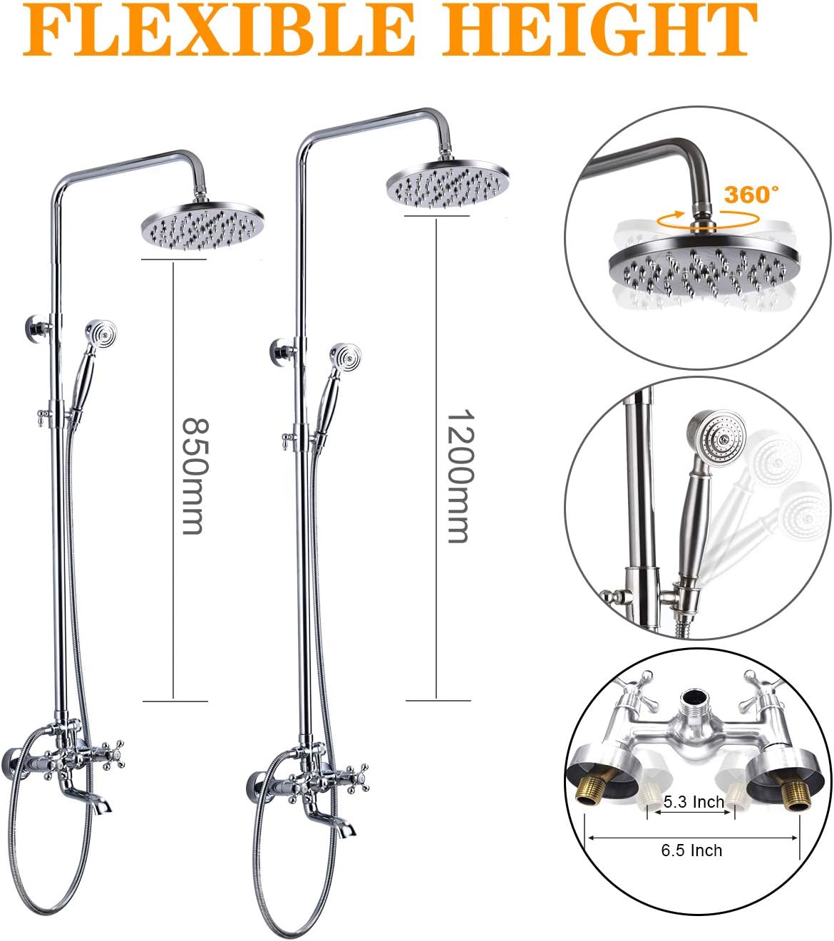 Shower Faucet Set 8 Rain Shower 2 Double Knobs Handle Chrome Polish Triple Function Tub Spout Shower Fixture Combo System Unit Set - - 