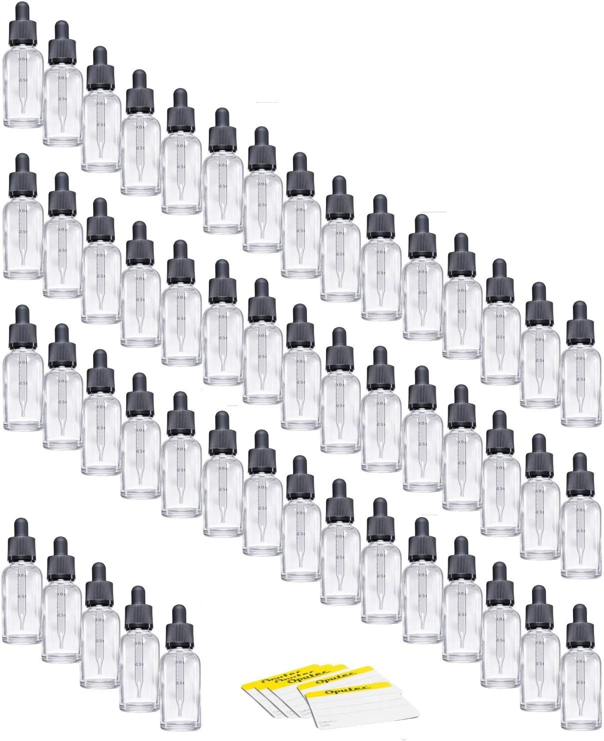 Oputec 50 x 30 ml Pipette Bottles with Glass Pipette and Scale | Economy Package | Liquid Bottles Set for E-Liquids, E-Cigarettes | Empty Liquid Containers | Includes 50 Labels