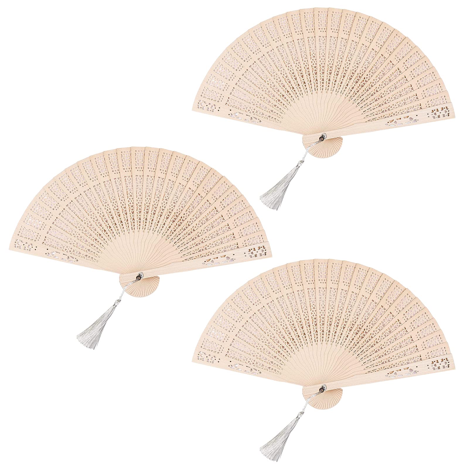 Udewo 3 PCS Vintage Sandalwood Folding Decorative Hand Fan, 7.87" x 13.4" (Unfolded), Natural Wood, 3 Blades, Folding, Handheld