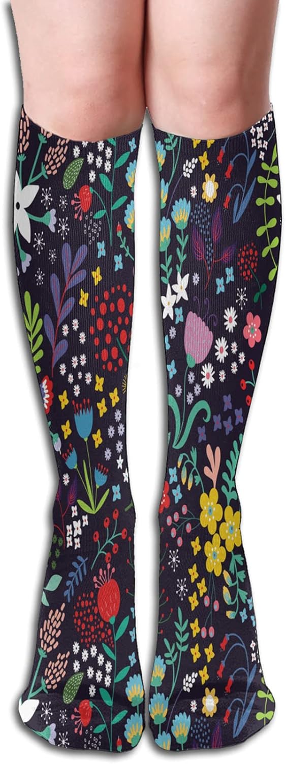 Womens Knee High Socks Girls,Modern Whimsical Floral Wallpaper,High