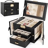 TORIBIO Jewelry Box for Women, Leather Jewelry Organizer with Mirror &amp; Lock, 3-Tier Jewelry Storage Organizer with 2 Drawers for Girls/Women/Mothers, Necklace Earring Bracelets Holder Organizer