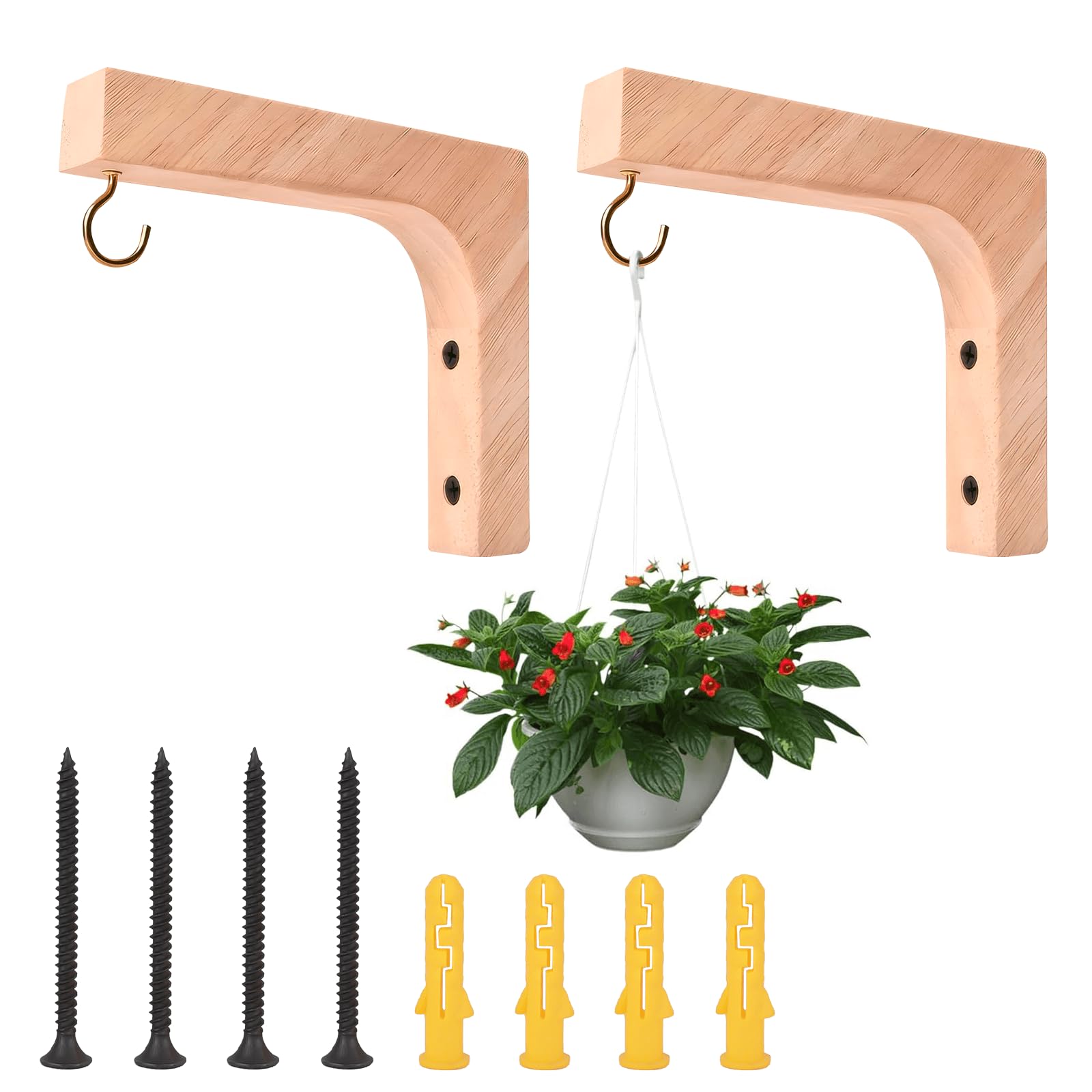 Hanging Basket Bracket Indoor 2 Pack Wooden Wall Hooks for Hanging Plants Heavy Duty Hanging Plant Bracket with Screw for Lanterns, Flower Bracket, Pot, Wind Chimes, Bird Feeder, Hanging Baskets
