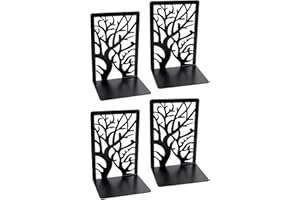 Coolnice Bookends Metal Book Ends Tree Branches Design Modern Book Stopper, Non-Skid Heavy Duty Book Shelf Holder for Home Decorative, Office, and School Black (2 Pair/4 Pieces, Large)