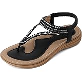 UBFEN Womens Bohemian Flat Sandals With Back Strap Summer Beach Comfortable Bling