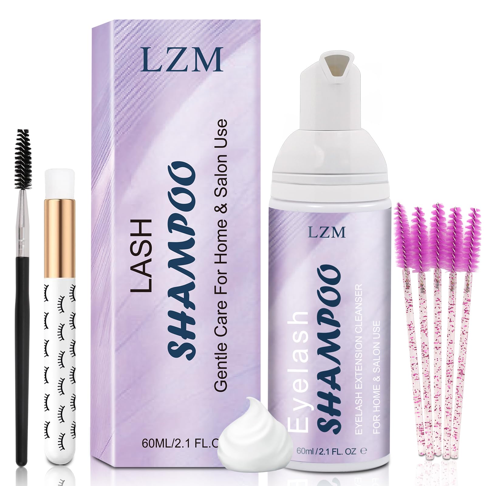 LZM Lash Shampoo for Lash Extensions 60Ml/2.1 FL.OZ Eyelash Shampoo with Lash Brush Lash Cleanser Paraben & Oil Free Eyelash Cleanser for Eyelash Extensions for Salon and Home Use