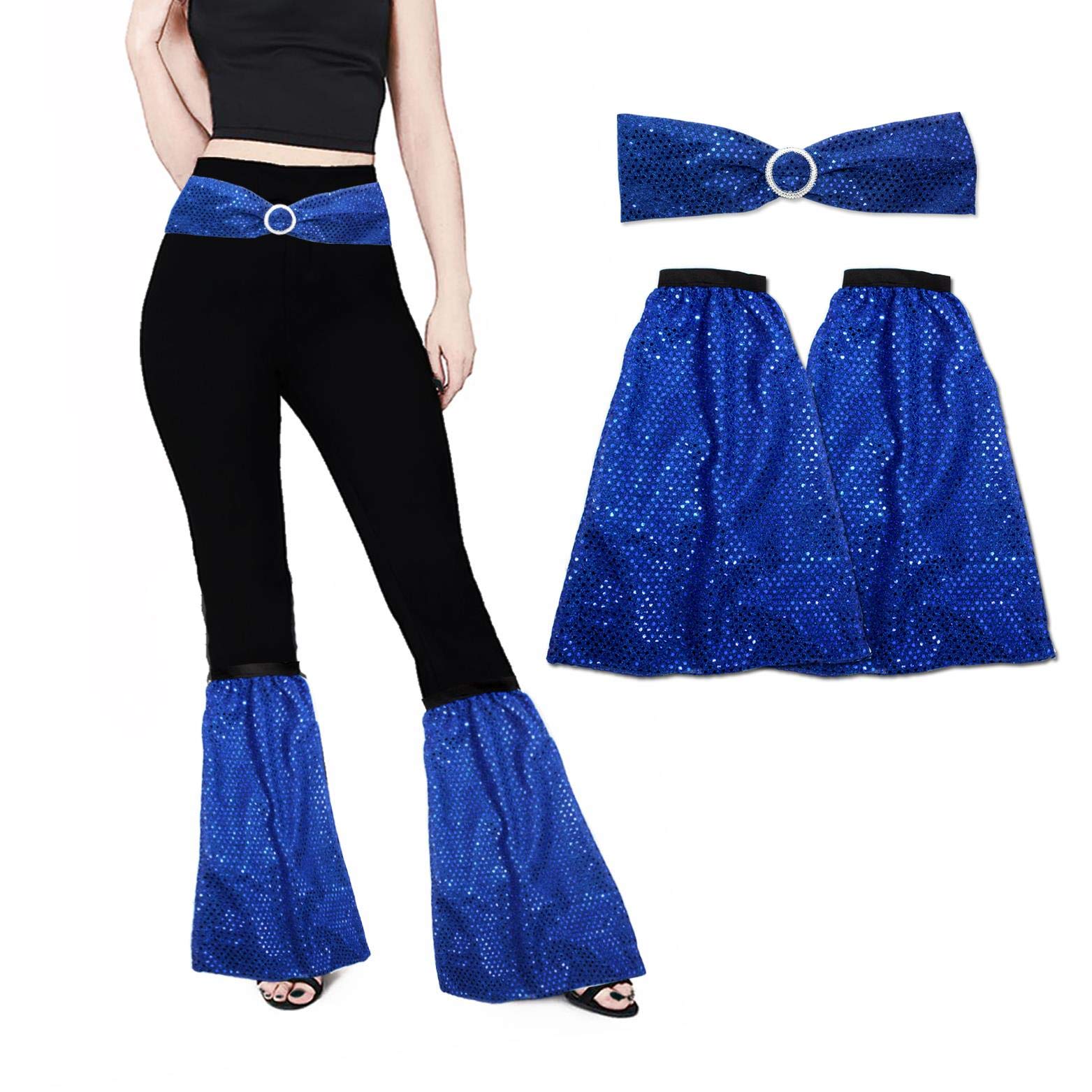 The Dragons Den Adults 1960s 1970s Sequined Flares Flared Boot Covers & Belt Hippie Disco Diva Fancy Dress Costume Accessory [Royal Blue] — image 1