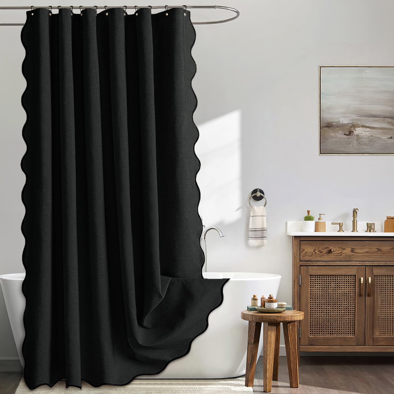 MIULEE 96" Long Scalloped Shower Curtain Linen Textured with 12 Metal Hooks Cute Extra Long Heavy Duty Washable Waterproof Cloth Shower Curtains with Black Border for Bathroom Hotel Bathtub,Black