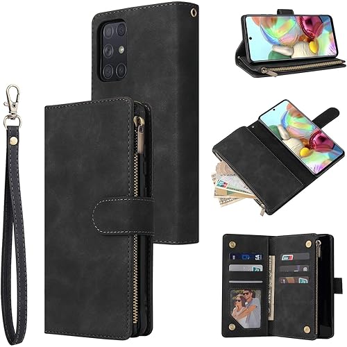UEEBAI Wallet Case for Samsung Galaxy A51, Premium Vintage PU Leather Magnetic Closure Handbag Zipper Pocket Case Kickstand Card Holder Slots with Wrist Strap TPU Shockproof Flip Cover - Black