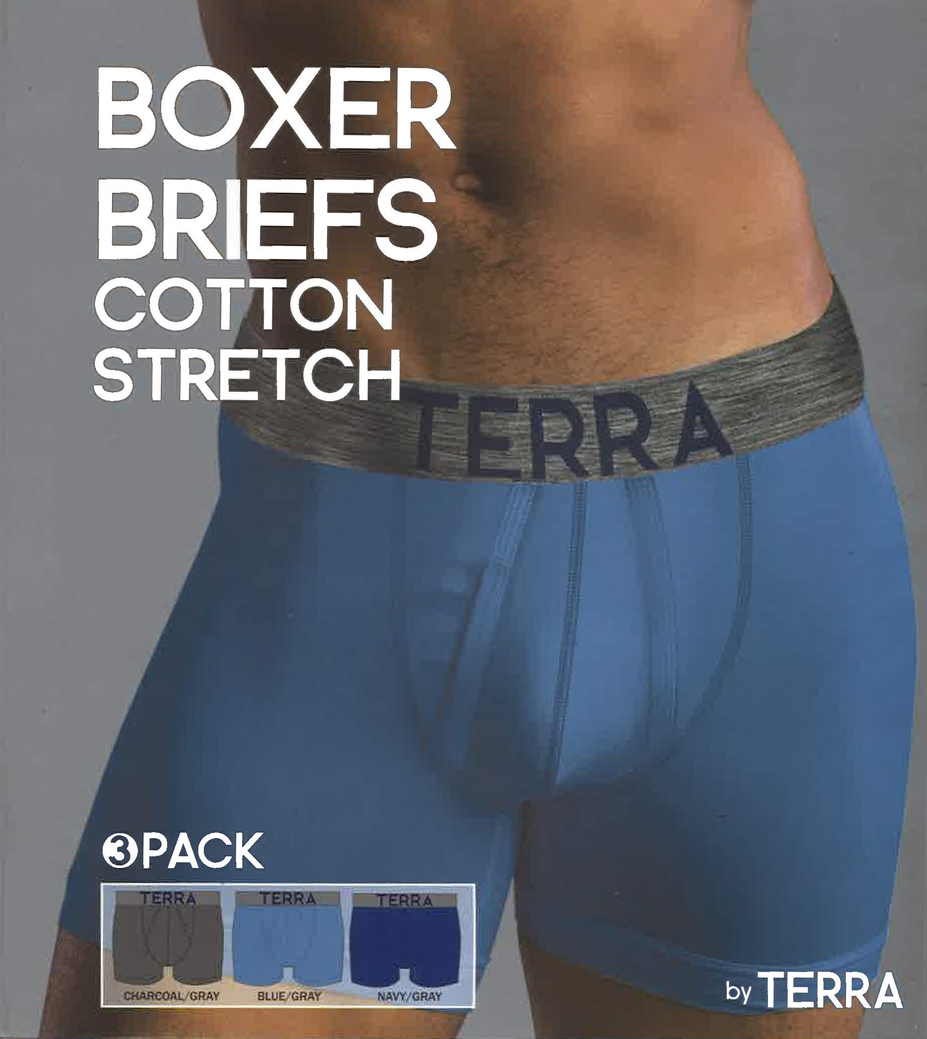 Terra Men\'s Cotton Classic Stretch Boxer Brief, Assorted Underwear, 3-Pack, Black/Grey Light Blue/Grey Dark Blue/Grey, X-Large