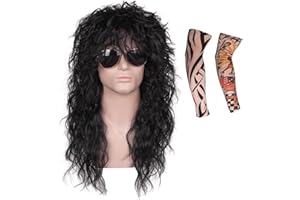 FantaLook Wig with Tattoo Sleeves for Men Black Curly Cosplay Wig for Halloween