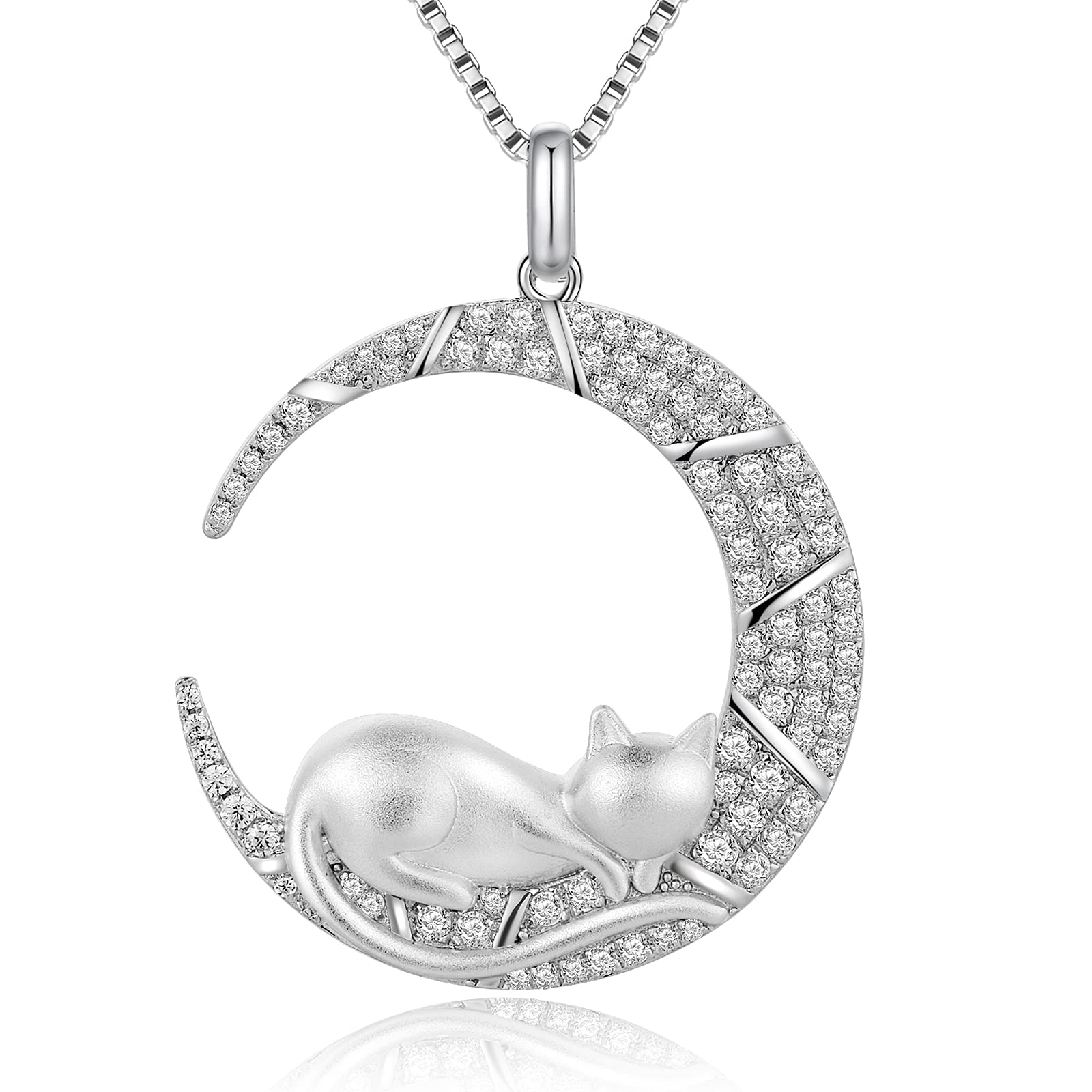 Jiahanzb Cat Necklace 925 Sterling Silver Cat Moon Pendant Necklace with Cubic Zirconia Cats Jewellery Gifts for Women