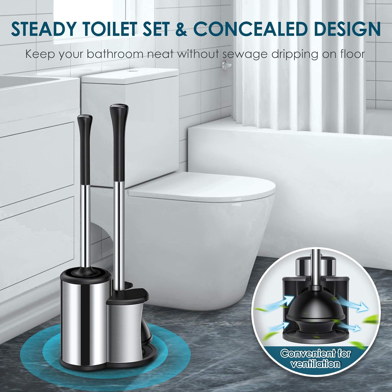 Homemaxs Toilet Plunger and Brush, [2021 Newest] 2 in 1 Toilet Plunger Set with Holder - Powerful Pump & Unique Water Storage Design, 304 Stainless Steel Plunger and Toilet Brush Combo for Bathroom: Kitchen & Dining