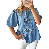Tankaneo Womens Denim Tie Front Tops Babydoll Peplum Puff Sleeve Jean Shirts Crew Neck Summer Casual Bow Blouses