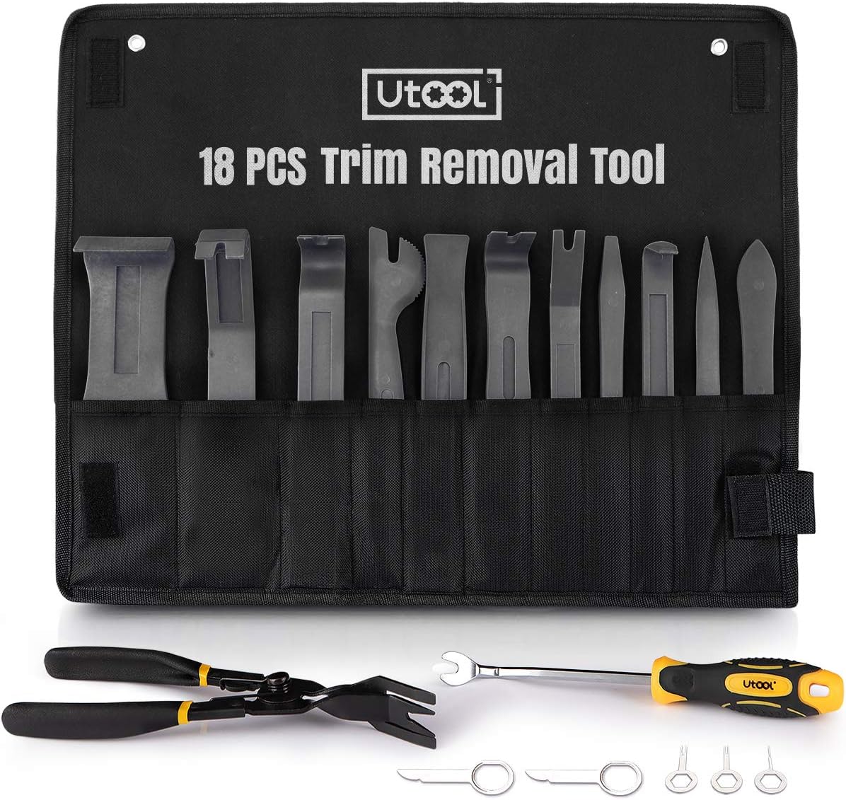 UTOOL Trim Removal Tool Kit Pro 18pcs for Auto Car Door Trim Panel Removal with Clip Fastener Remover Pliers and Radio Audio Stereo Removal Tools Black