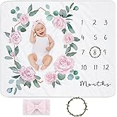 Yoothy Baby Monthly Milestone Blanket for Baby Girl, Newborn Age Months Blanket Photo Prop with Growth Chart, Floral Wreath & Headband