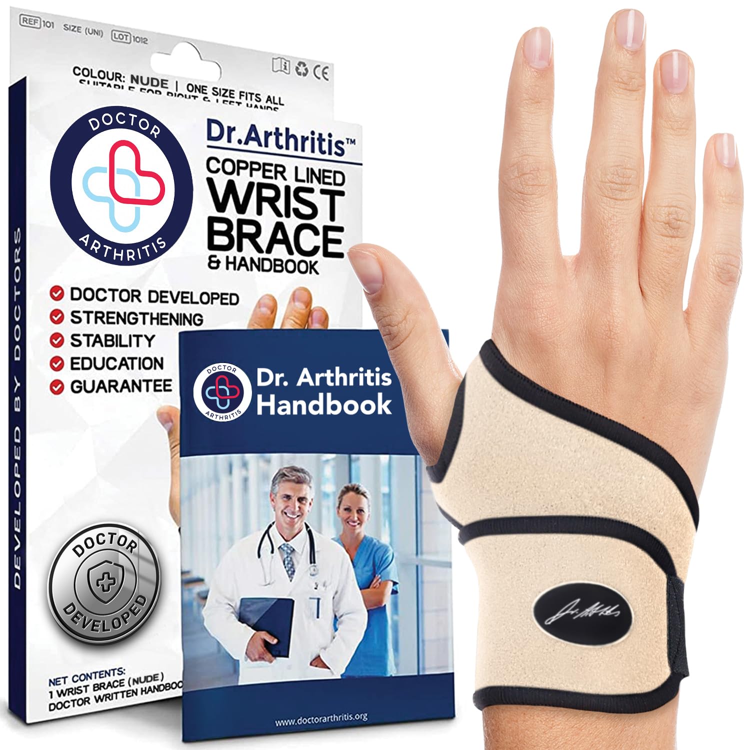Dr.Arthritis Doctor Developed Premium Wrist Support & Doctor Handbook - Wrist Strap, Wrist Brace For Hand Support- Relief For Wrist Injuries, Joint Disease, Sprains (Nude)