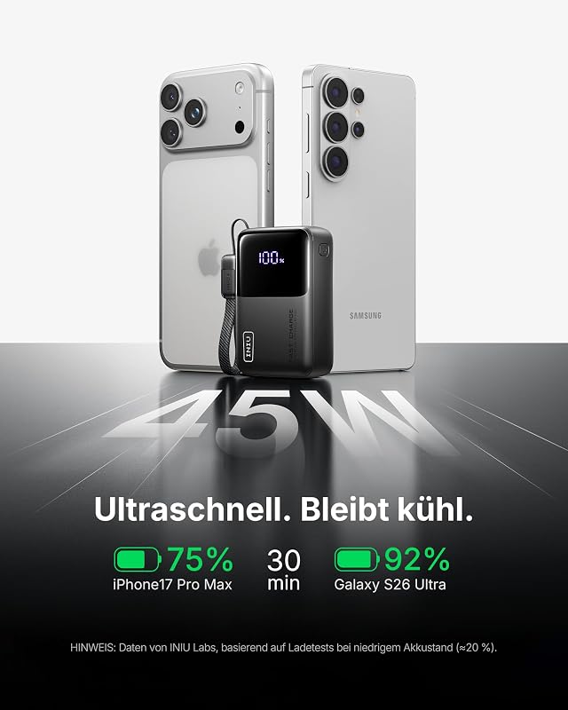 Ultra Mini Powerbank, 10000mAh 45W Schnellladen mit USB C Kabel
