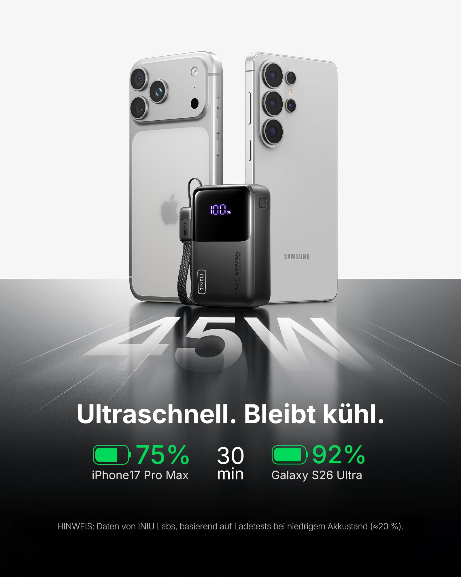 INIU Ultra Mini Powerbank, 10000mAh 45W Schnellladen mit USB C Kabel 3