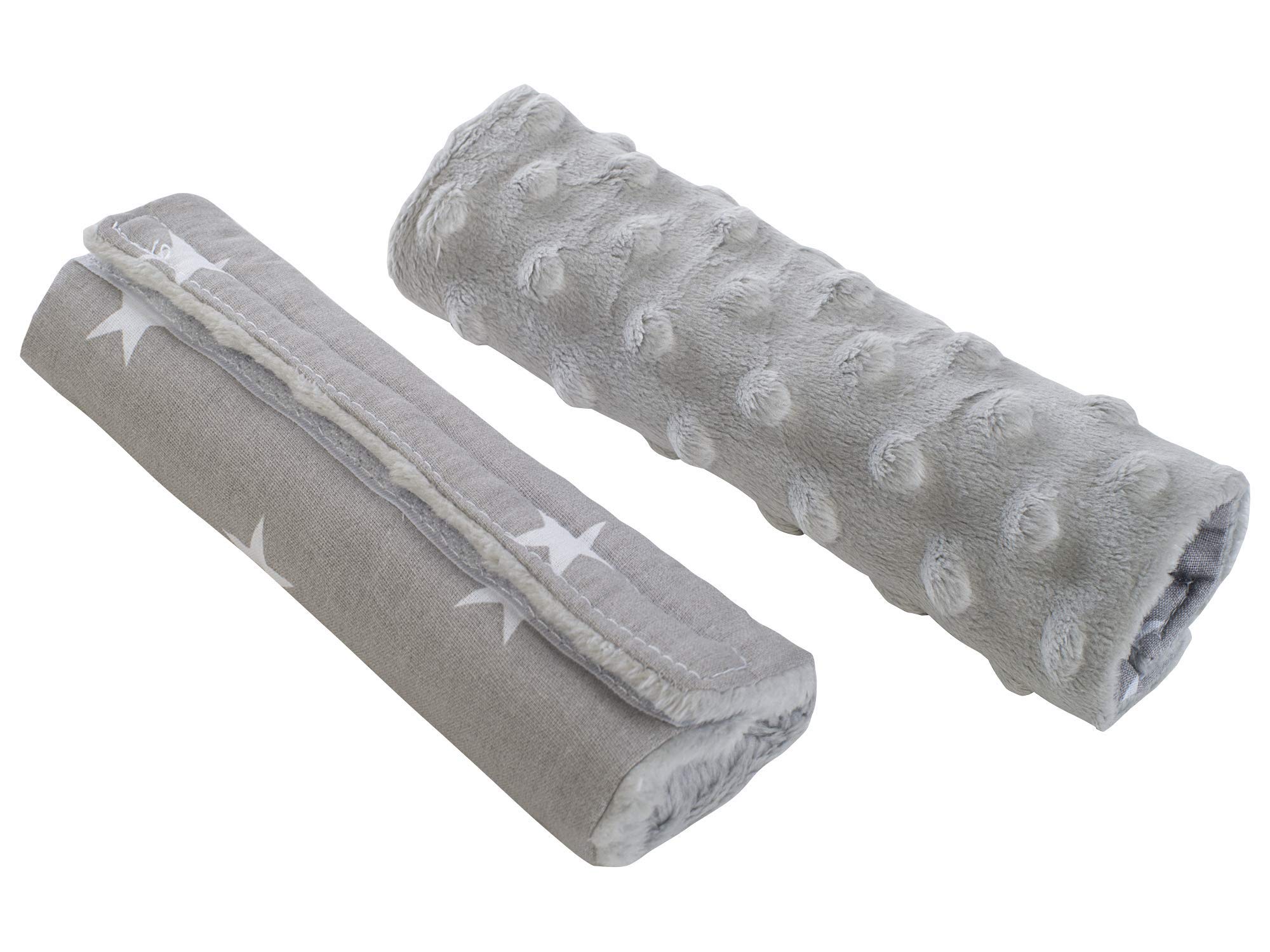 Medi Partners Seat Belt Pads, Shoulder Pads for Prams, Children's Car Seats, Baby, 100% Cotton, Minky, 1 Pair, 18 x 13 cm, Double-Sided Buggy, Sports Pram, Car (Grey Stars with Grey Minky)